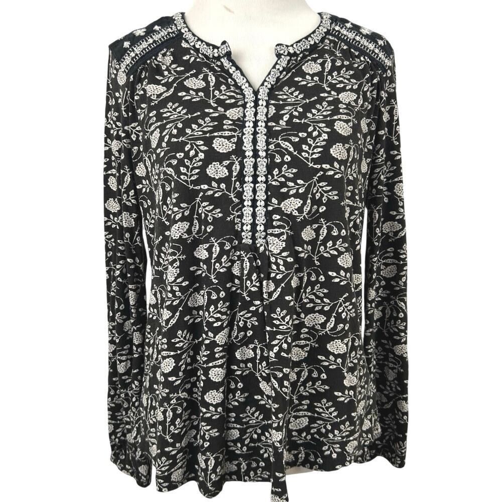Lucky Brand Black Floral Boho Peasant Top Embroidered Split Neck Size S